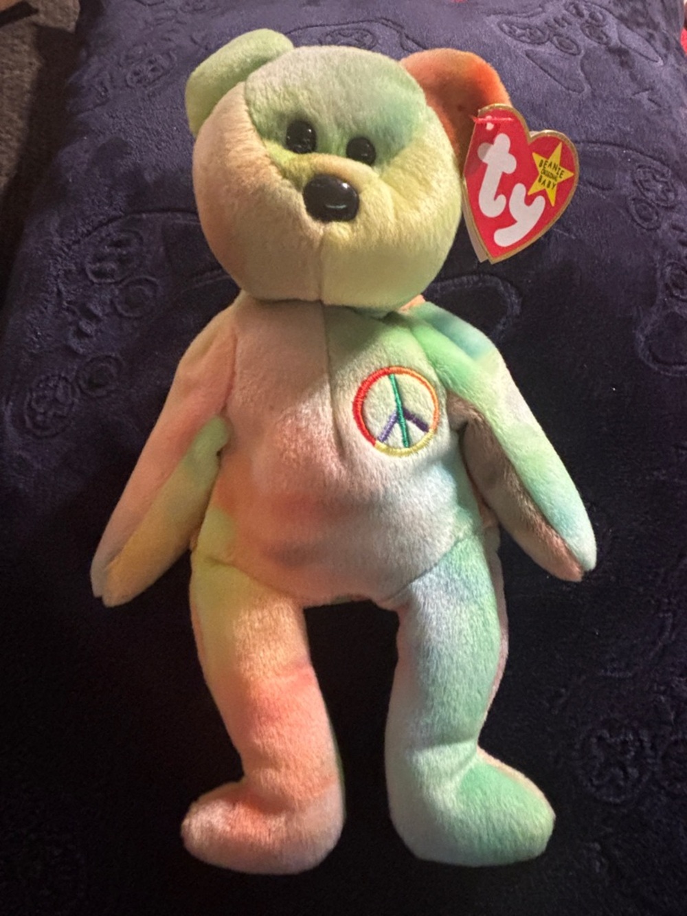 Ty Beanie Baby Peace  Tie-Dye  Bear Plush with Embroidered Peace Sign